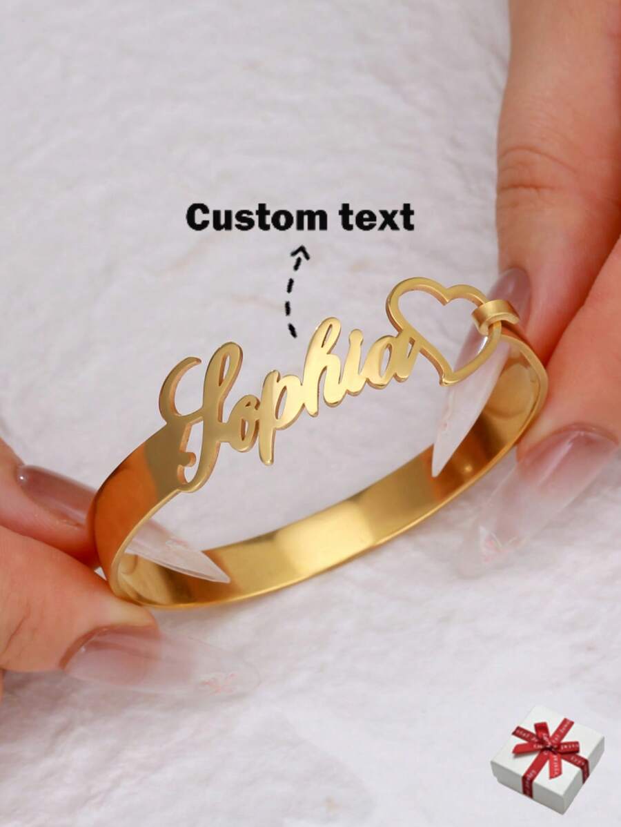 Customized Women Stainless Steel Bracelet Personalized Engraved Name Plate Heart Hollow Design Bangle Jewelry, Wedding & Valentine's Day Gift - Gold - View 1