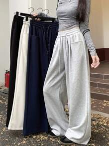 女士松紧腰抽绳纯色休闲哈伦裤，宽松阔腿裤，直筒及地长裤，2025年春秋季 - 灰色 - 查看 2