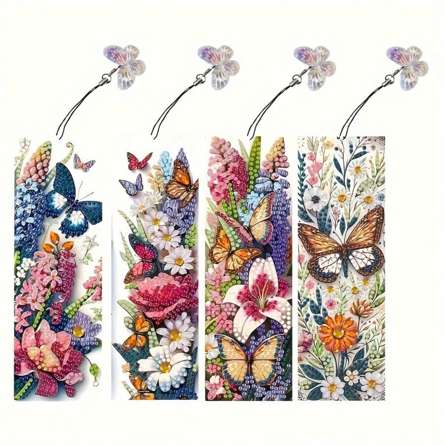 5D Diamond Painting Bookmark Kit - Floral & Butterfly Pattern, Asymmetrical Shaped Crystals, PET Material Handcraft Set - Multicolor - View 1