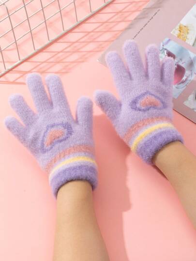 زوج قفازات بطبعة قلب بنفسجية دافئة لأصابع الأطفال الكاملة, مناسبة للارتداء الخارجي في فصلي الخريف والشتاء