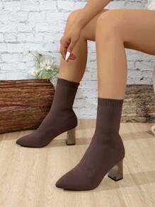 Botas femininas de cano médio de malha com bico fino, salto alto e grosso, botas casuais de meia elástica para outono/inverno