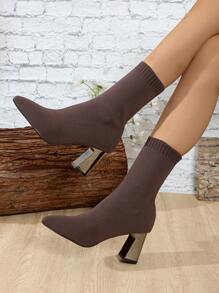Botas femininas de cano médio de malha com bico fino, salto alto e grosso, botas casuais de meia elástica para outono/inverno