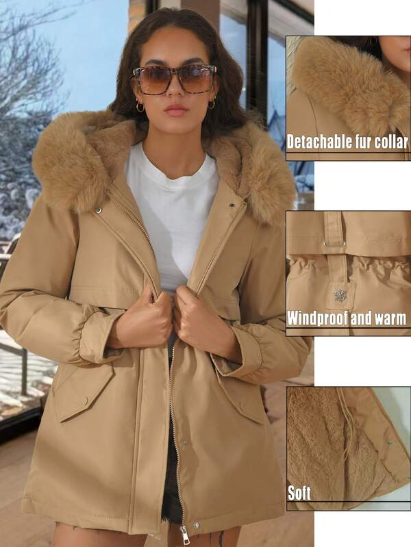 Nueva chaqueta abrigo de invierno cálida e impermeable con cuello de piel y capucha, forro térmico en el interior. Chaqueta cortavientos con cordón en la cintura y diseño de logotipo de copo de nieve en la espalda, una prenda exterior muy a la moda