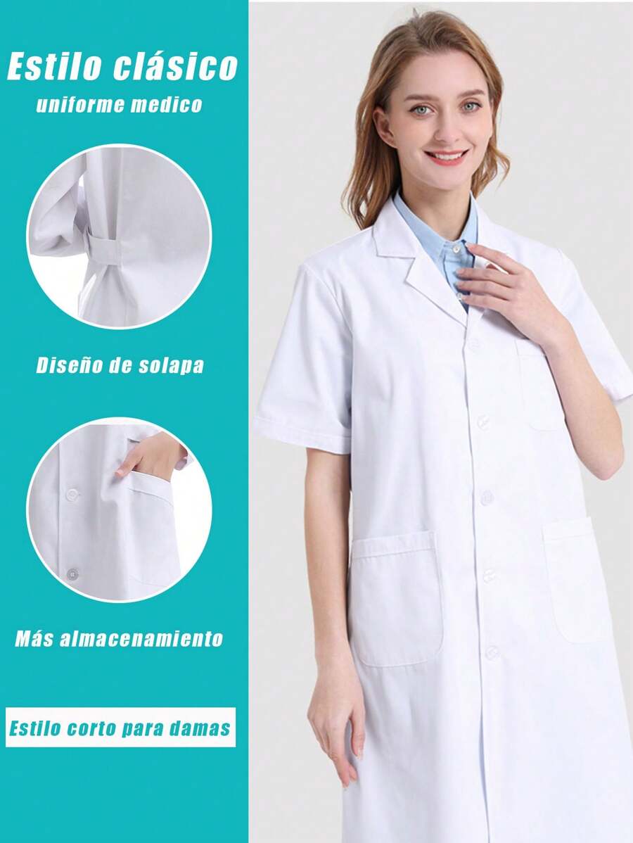 Doctora bata blanca de manga corta uniforme de laboratorio - Blanco - Ver 1