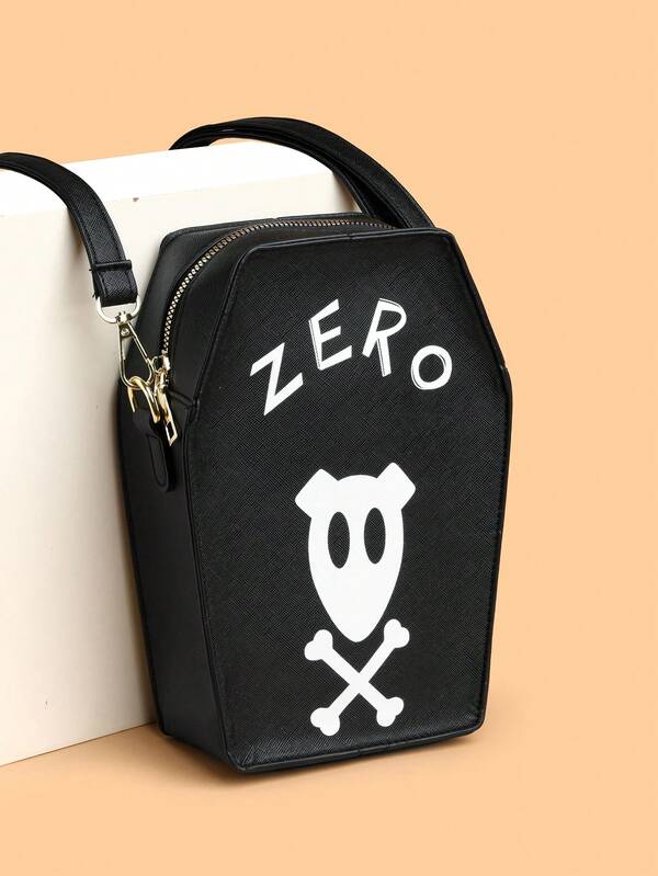 Halloween Fashionable Multipurpose PU Leather Coffin Shaped Mini Crossbody Bag For Women, Adjustable Strap, Zipper Closure