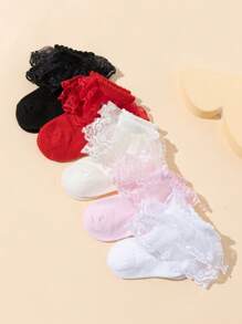 5 Pairs Baby Girls Sweet Princess Style Embroidered Lace Double-Layered Flower Pattern Short Socks For Comfortable Daily Wear And Barefoot - Multicolor - View 5