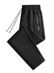 男友风格男士纯色运动裤，配有抽绳和拉链口袋，轻便运动裤，适合健身、跑步、健身、训练 - 黑色 - 查看 6