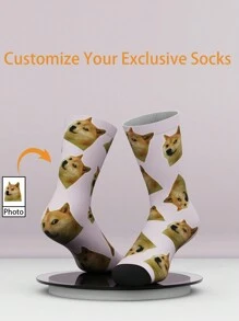 1pair Customized Face Print Funny Mid-Calf Socks, Personalized Socks With Handsome Guy/Pretty Girl Photos, Unique Customized Couple Mid-Calf Socks, Great Gift For Valentine's Day, Birthday And Other Occasions - Multicolor - View 1