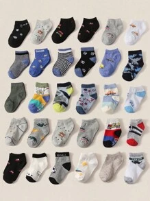 12 双/套男童卡通车辆和足球图案透气柔软舒适休闲运动袜，多种颜色和图案，适合日常穿着或送礼