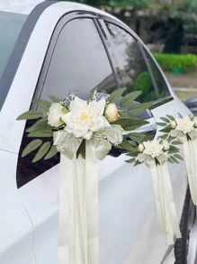 1 Stück Autospiegeldekoration für Hochzeit, Eukalyptus Blume für Stuhlrücken, Hochzeitsdekoration Flur, künstliche Rosenblume für Bambusstühle, Hochzeits- und Feiertagsdekoration Schleife, Hochzeitsauto Blumen