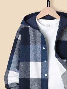 Tween Boy Simple Blue And White Plaid Hoodie Jacket, Autumn