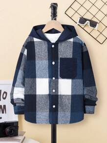 Tween Boy Simple Blue And White Plaid Hoodie Jacket, Autumn