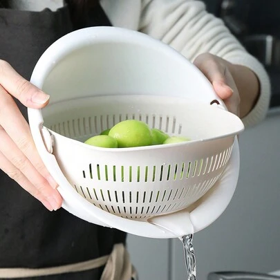 1pc Kitchen Dual Layer Vegetable Washing And Draining Basket, Household Simple Fruit Washing Bowl, Thickened Filter Fruit Tray
