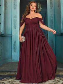 QOQ Plus Size Bridesmaid Dress, Summer High-End Women's Formal Dress, Romantic Wedding, Formal Event, Wedding Guest Solid Color Chiffon Maxi Dress - Burgundy - View 5