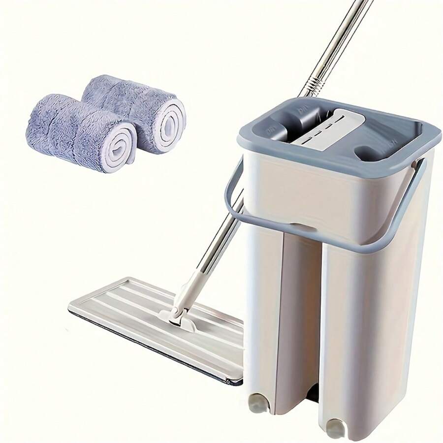 Flat Floor Mop Bucket Set With 2 Microfiber Mop Pads, Easy Self