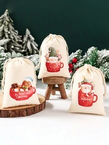 6个圣诞礼品袋，圣诞老人图案抽绳礼品包装袋，2025圣诞新年许愿袋，带圣诞树吊坠装饰，圣诞节 - 聖誕娃娃 - 查看 7