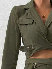 Conjunto de dama fashion tipo cargo con tela de pana y cinturones cruzados - Verde militar - Ver 3