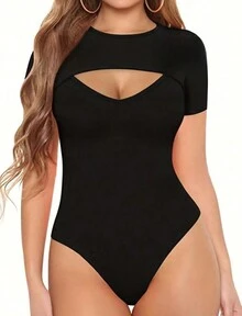 Summer Short Sleeve Neckline Bodysuit - màu đen - Xem 2