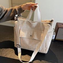 1 pieza Bolso de mano tipo tote de pana vintage con múltiples bolsillos para mujeres, minimalista, de gran capacidad, para hombro y cruzado, mochila estudiantil, bolso de escuela grande, con múltiples compartimentos, perfecto para la playa, la escuela, el trabajo y el uso diario - Beis - Ver 5