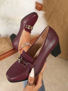 Giày cao gót đế dày màu đen dành cho nữ, kiểu dáng thời trang Anh Quốc, mũi vuông, thanh lịch, thích hợp cho công sở, giày bít mũi hoặc giày lười. - Màu Đỏ Sâu - Xem 6