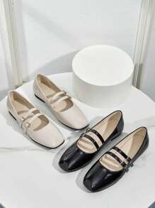 Fashion Women's Double Strap Buckle Flat Shoes, Versatile Breathable Casual Ballet Flats Slip-On Shoes