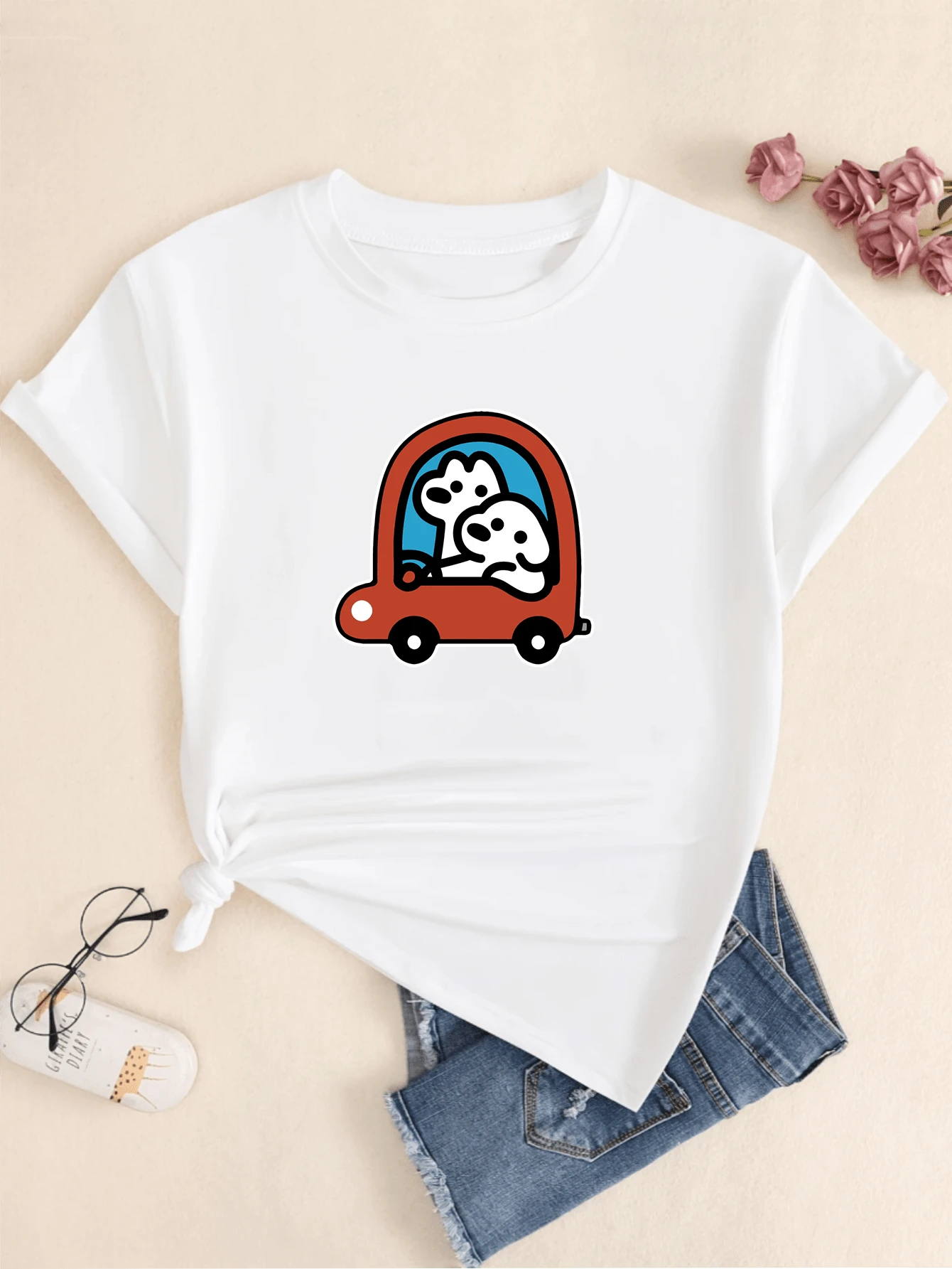 Cute Puppy Shirt Casual Printed Fashion Women's T-Shirt - Blanco - Ver 1