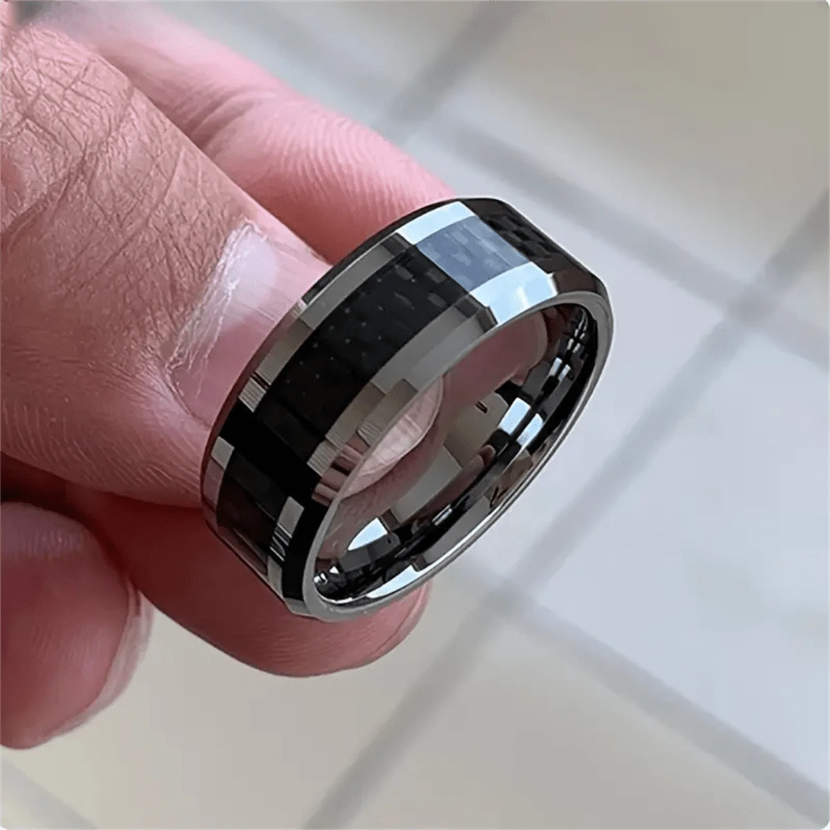 Classic Silvery 8mm Carbon Fiber Men's Ring - Sleek Black Inlay, Angled Polished Finish For Business & Wedding Parties - High-Quality Stainless Steel Jewelry, Sizes 6-13 - Ring - View 21