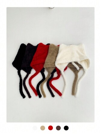 1pc Solid Color Faux Fur Cute Retro Wool Balaclava Hat For Women, Autumn/Winter, Lace-Up, Pixie Hood, Teddy Bear Ear, Cat Ear Knit Cap, Small Face Flattering, Faux Cashmere Earmuff Hat