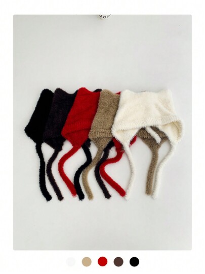 1pc Solid Color Faux Fur Cute Retro Wool Balaclava Hat For Women, Autumn/Winter, Lace-Up, Pixie Hood, Teddy Bear Ear, Cat Ear Knit Cap, Small Face Flattering, Faux Cashmere Earmuff Hat