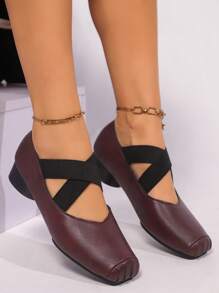 交叉带纯色低跟一脚蹬休闲平底芭蕾鞋，酒红色