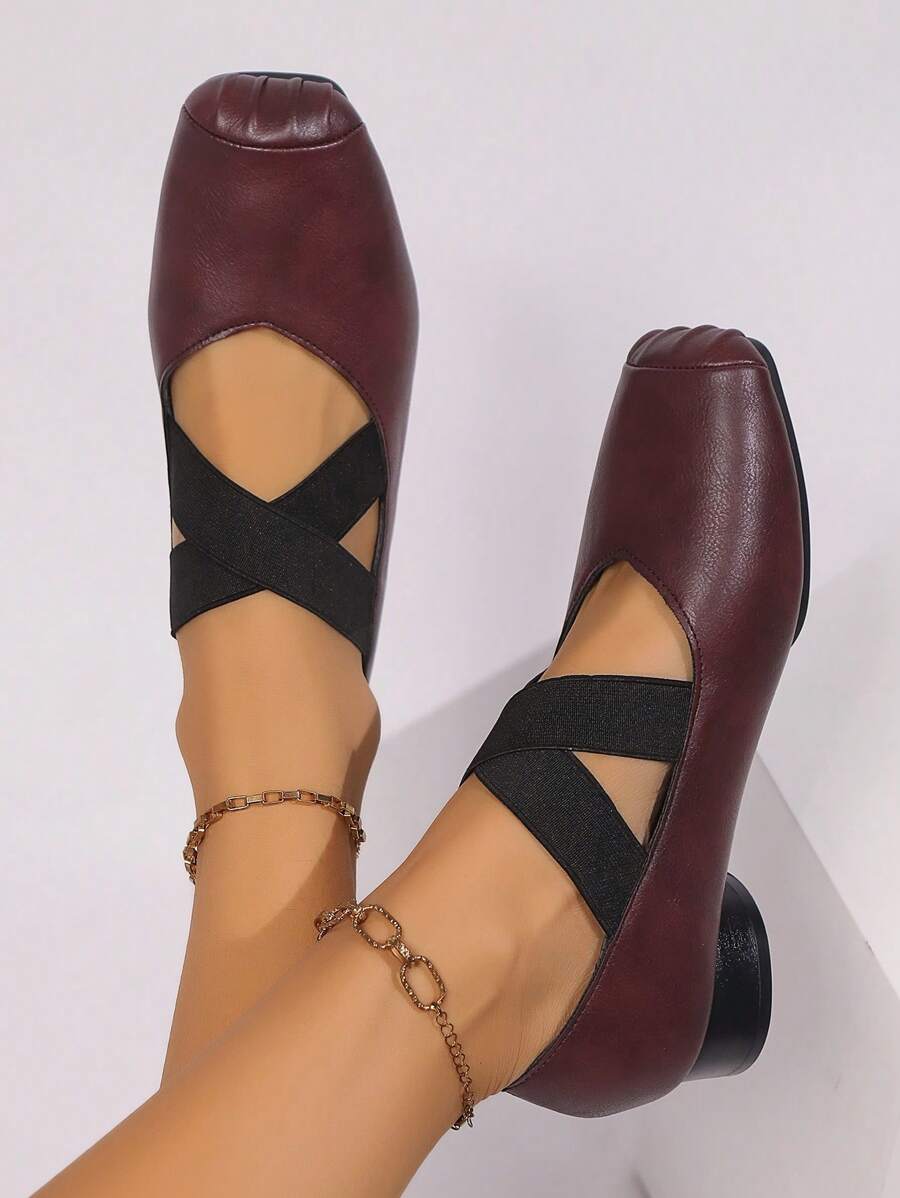 交叉带纯色低跟一脚蹬休闲平底芭蕾鞋，酒红色