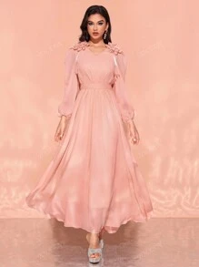 Women's V-Neck Ruffle Sleeve Embellished Floral Elegant Dress