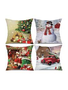 Bộ 4 vỏ gối trang trí Giáng sinh, có hình cây thông Noel, quà tặng, ông già Noel, người tuyết, tuần lộc, ô tô và nơ, kích thước 17,7*17,7 inch (không bao gồm ruột gối), thích hợp cho phòng ngủ, phòng khách, ghế sofa, văn phòng - SDYH-142 - Xem 3
