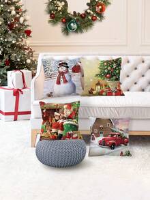 Bộ 4 vỏ gối trang trí Giáng sinh, có hình cây thông Noel, quà tặng, ông già Noel, người tuyết, tuần lộc, ô tô và nơ, kích thước 17,7*17,7 inch (không bao gồm ruột gối), thích hợp cho phòng ngủ, phòng khách, ghế sofa, văn phòng - SDYH-142 - Xem 2