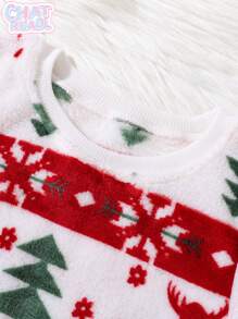 Chatreadl Young Girl 2 Pieces Cute Cartoon Style Full Print Christmas Tree Snowflake Deer Round Neck Children's Warm Two Pieces Set Suitable For Autumn And Winter