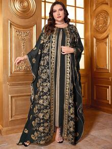 Vestido de manga de murciélago con bloque de color, parche bordado y talla grande (bordado y corte aleatorios) - Negro - Ver 4