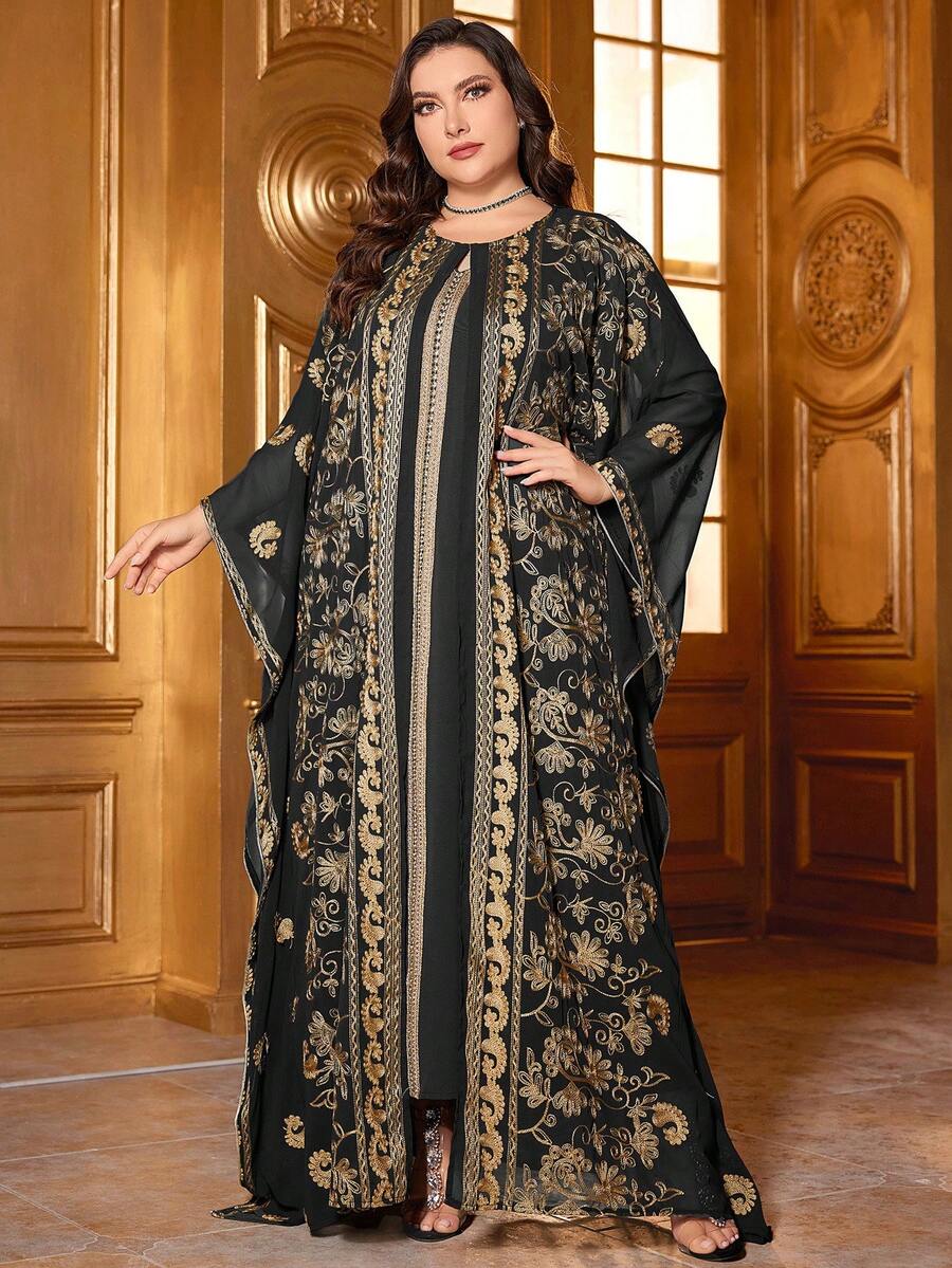 Vestido de manga de murciélago con bloque de color, parche bordado y talla grande (bordado y corte aleatorios) - Negro - Ver 1