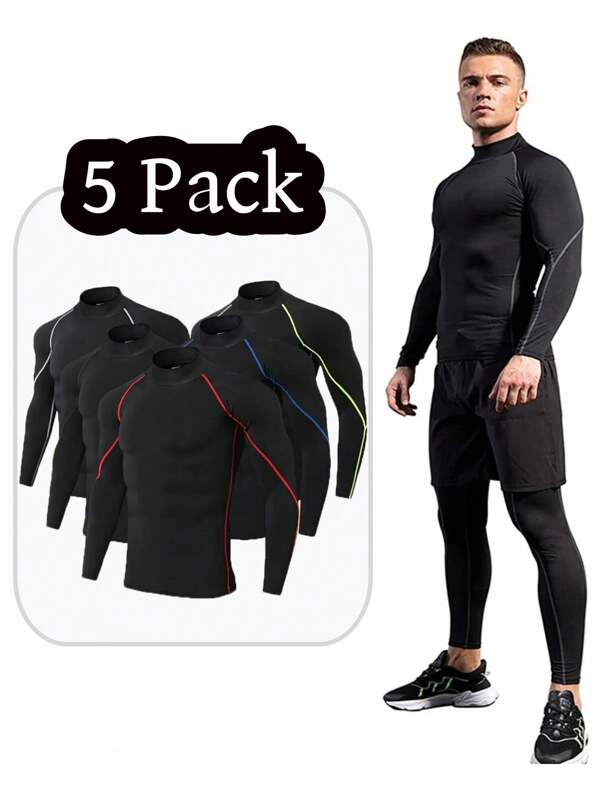 5Pack Boyfriend Style Men's High Neck Fitness Long Sleeve Athletic Tight Top High Neck Compression Shirt