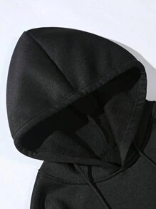 Plus Size Men's Casual Loose Letter Print Drawstring Hoodie Sweatshirt, Autumn - Black - View 4