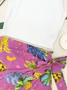 ELLIE 2pcs Set Of Cropped Suplex Top With Skirt And Shorts With Lining\Print\Women's Fashion - 白色和淡紫色 - 查看 5