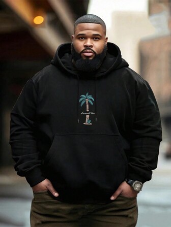Plus Size Män Letter & Palm Tree Printed Huvtröja med dragsko, höst/vinter