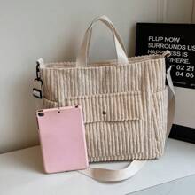 1 pieza Bolso de mano tipo tote de pana vintage con múltiples bolsillos para mujeres, minimalista, de gran capacidad, para hombro y cruzado, mochila estudiantil, bolso de escuela grande, con múltiples compartimentos, perfecto para la playa, la escuela, el trabajo y el uso diario - Beis - Ver 11