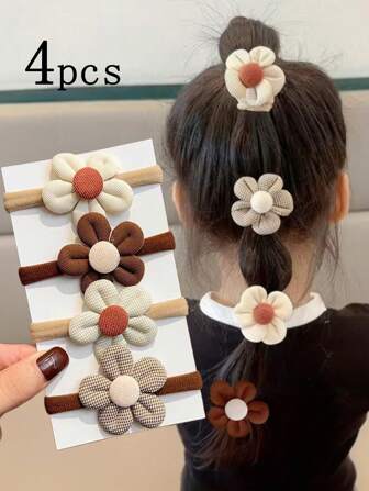 4 pièces Nouvelles arrivées de filles Liens de cheveux de couleur lait et café avec fleur et nœud papillon à haute élasticité pour le port quotidien, la décoration de cheveux, le porte-serviette, pour Noël