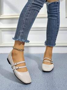 Fashion Women's Double Strap Buckle Flat Shoes, Versatile Breathable Casual Ballet Flats Slip-On Shoes