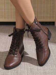 2025 Fall/Winter 9-Hole Brown Slip-On Boots, New Style, Runs Half Size Large, English Style Knight Boots With Side Zipper, Lace-Up, Chunky Heel, Soft Sole, Fashion Boots, Plus Size, Warm Motorcycle Boots, Solid Colors: Brown, Purple, Light Brown, Black - Brown - View 4