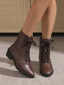 2025 Fall/Winter 9-Hole Brown Slip-On Boots, New Style, Runs Half Size Large, English Style Knight Boots With Side Zipper, Lace-Up, Chunky Heel, Soft Sole, Fashion Boots, Plus Size, Warm Motorcycle Boots, Solid Colors: Brown, Purple, Light Brown, Black - Brown - View 6