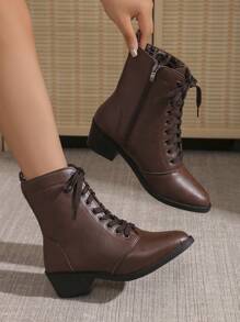 2025 Fall/Winter 9-Hole Brown Slip-On Boots, New Style, Runs Half Size Large, English Style Knight Boots With Side Zipper, Lace-Up, Chunky Heel, Soft Sole, Fashion Boots, Plus Size, Warm Motorcycle Boots, Solid Colors: Brown, Purple, Light Brown, Black - Brown - View 2