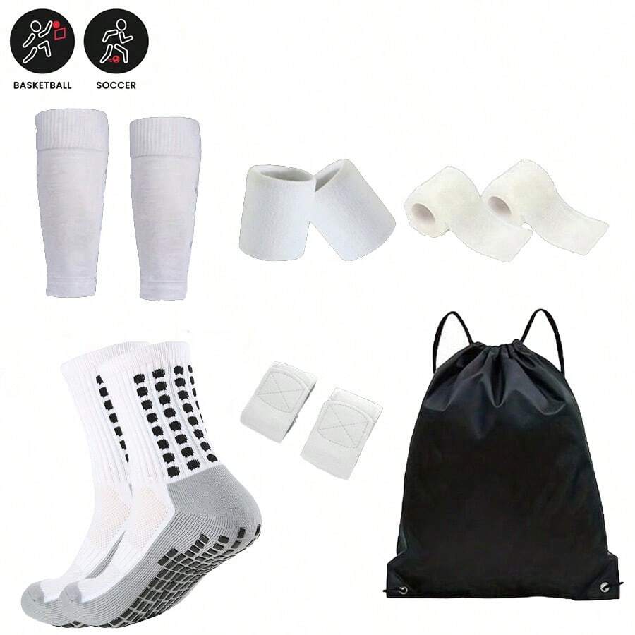 8 Pieces Set Of Sportswear And Protective Accessories, Including Backpack, Grey Bottom Sports Anti Slip Socks, Leg Guards, Ankle Guards, 2 Wrist Guards, 2 Bandages, Suitable For Basketball, Football, Tennis And Daily Wear, Can Be Worn All Year Round - Multicolor - View 1