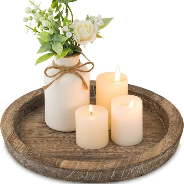 Candle Plate Holder Tray Round Wooden Decorative Candle Plate Small Farmhouse Table Centerpiece Rustic White Wood Tealight Pillar Trays For Christmas Wedding Halloween Home Decor Back To School