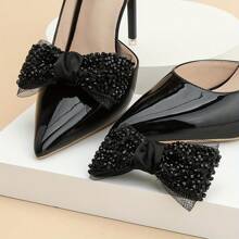2pcs/Set High-End Handmade Beaded Black Bow Shoeclips, Luxury For Wedding, Performance, Formal Occasion, Sparkling Shoe Clips